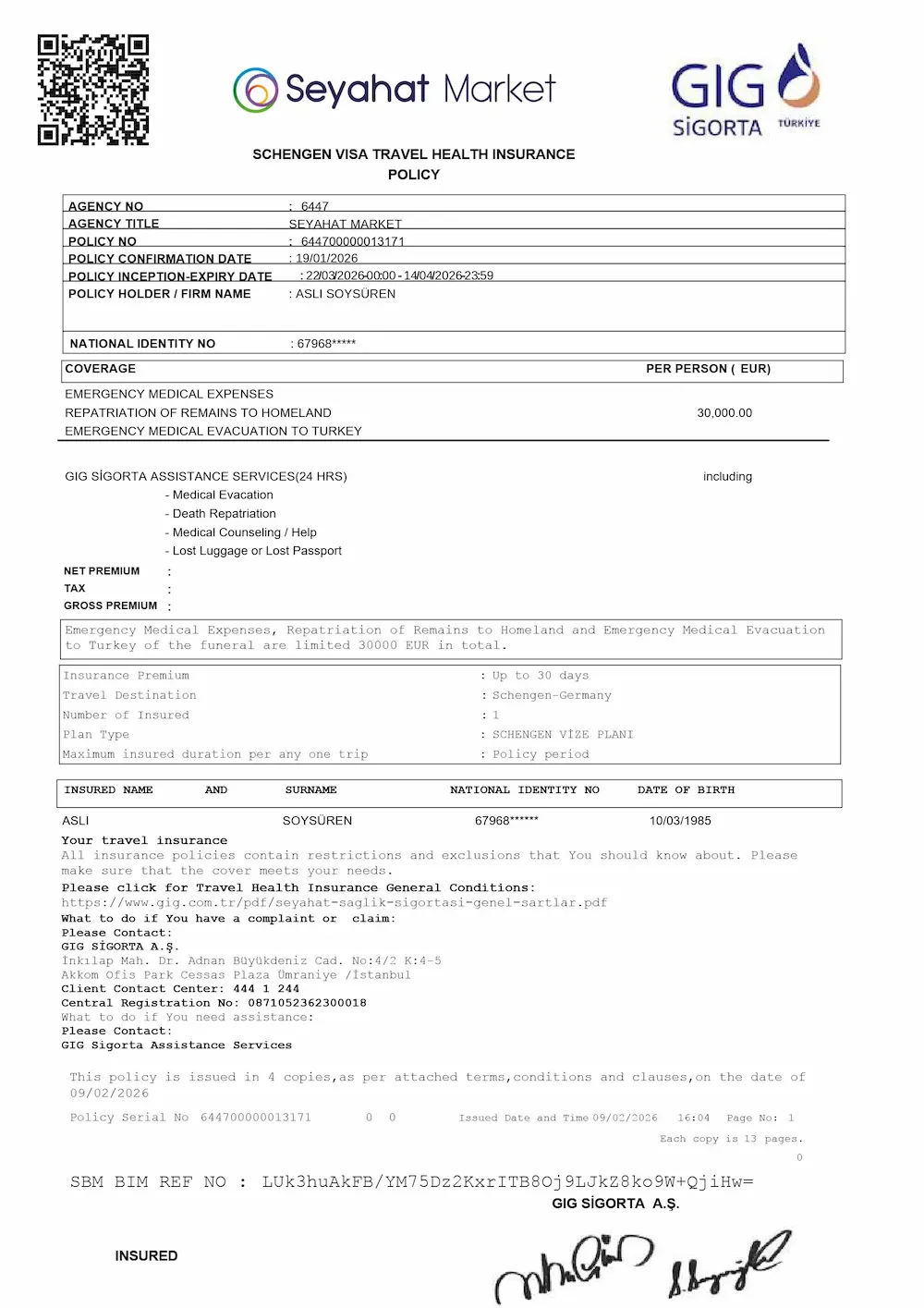 Karekodlu ve doğrulanabilir seyahat sağlık sigortası poliçesi örneği