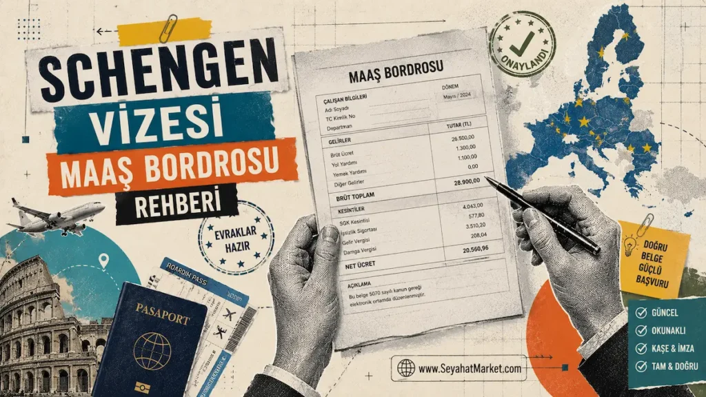 Schengen Vizesi Maaş Bordrosu Rehberi: 2026 Kuralları ve Detaylar 3 Schengen vizesi başvurusu için hazırlanmış ıslak imzalı ve kaşeli maaş bordrosu evrakları